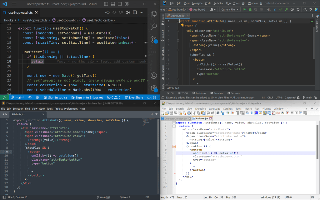 4 code editors - VS Code, Webstorm, Sublime Text, and Notepad++